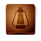 Brown Camping lantern icon isolated on white background. Happy Halloween party. Wooden square button. Vector