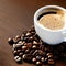 Brown cappuccino coffee closeup view, latte drink, mocha, espresso, hot beverage, fresh coffee beans, generative ai