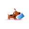 Brown cartoon dog playing with cushion isolated on white background