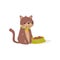 Brown cat sitting next to bowl full of food. Kitten with green collar. Flat vector design for poster or sticker