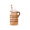 Brown ceramic mug of hot chocolate with drinking straw. Tasty holiday drink with whipped cream. Flat vector design