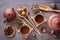 Brown ceramic teapot with cups on special wooden stands, various attributes of the tea ceremony, an assortment of green tea