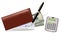 Brown checkbook with check, pen and dollars