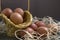 Brown chicken eggs in a basket and on the hay, green table, gray background. Easter preparations