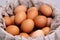 Brown chicken eggs bowl on gray background, easter egg festive
