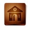 Brown Church building icon isolated on white background. Christian Church. Religion of church. Wooden square button