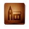 Brown Church building icon isolated on white background. Christian Church. Religion of church. Wooden square button