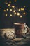 Brown clay vintage coffee mugs and delicious chocolate chip cookies on a wooden table in warm colors