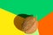 Brown coconut on multicolored graphic orange yellow green background. Hard light harsh shadows. Creative food poster. Healthy oil