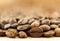 Brown coffee beans with white smoke vapour on yellow textured wooden board background close up.