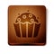 Brown Cupcake icon isolated on white background. Wooden square button. Vector