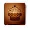 Brown Cupcake icon isolated on white background. Wooden square button. Vector