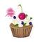 Brown cupcake with white cream ornaments, cherry, blueberries and flowers