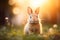 A brown cute Rabbit bunny sitting in the garden Happy easter with bokeh background Generative AI