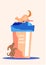 The brown dog jumps to reach the cat that sits high on the top of the lid of the drink glass