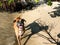 brown dog playing on the shore of the beach