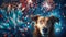 A brown dog with scared eyes against a bokeh background of colorful fireworks exploding in the night sky