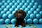A brown dog sitting in front of a pile of blue balls. Generative AI image.