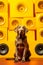 Brown dog sitting in front of yellow wall with speakers on it. Generative AI