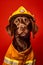 Brown dog wearing yellow fireman's helmet on top of his head. Generative AI
