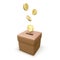 Brown donation box with falling gold coins. 3D realistic charity and donation concept
