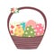 Brown Easter basket with colorful painted eggs