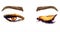 Brown eastern almond-shaped eyes with makeup, closed and open, golden brown eyeshadows, black outline, mascara, brown eyebrows