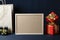 Brown eco paper bag, corkboard, and Christmas gift boxes with copy space