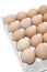 Brown eggs arranged in carton over white background