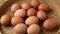 Brown eggs in the basket. Dietary products.