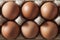 Brown eggs are in a carton packaging. View from up.