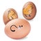 Brown eggs decorated with hand painting of small chickens and question mark