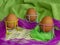 Brown eggs of light color prepare for the holiday Easter against the background from a white rope and dark branches of a tree with