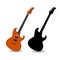 Brown electric guitar and black guitar silhouette, on white back