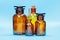 Brown empty glass reagent bottles