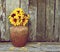 Brown eyed susans in vase on wood.