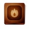 Brown Fire flame icon isolated on white background. Wooden square button. Vector