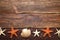 Brown fishing net, starfish and shell on wooden background