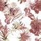 Brown Flower Illustration. Gray Summer Decor. Seamless Jungle. Watercolor Leaves. Pattern Textile. Floral Backdrop. Exotic Backgro