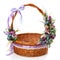 Brown flying basket with an interesting Easter floral decoration. Isolated