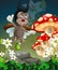Brown Flying Beetle With Rocks, White Ivy Flower, And Red Mushroom House Cartoon