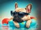 A brown French bulldog in black sunglasses swims in a blue inflatable circle