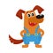 Brown funny dog, puppy character in blue overalls