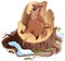 Brown funny woodchuck sitting on stump. Groundhog Day greeting card