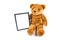 Brown fuzzy teddy bear holding a black frame