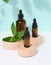 Brown glass bottle with pipette and mint leaves, container for aromatic oils and cosmetics
