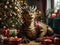 A brown and gold dragon sits near gifts in a festively decorated room