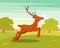 Brown graceful deer with antlers, wild animal amongst a backdrop of green meadow and forest vector Illustration