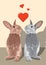 Brown and gray Rabbits standing with big cute bunny ears being in love for valentines
