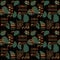 Brown, green, black abstract seamless pattern with African motives, dots, lines, avocado forms